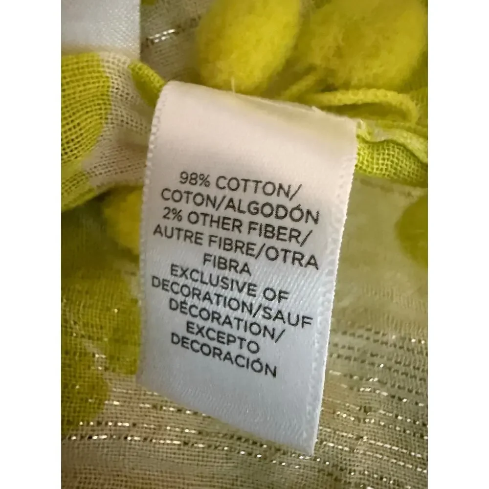 NEW LOFT Lime Green White Pom Pom Infinity Scarf Cotton Blend Metallic Shimmer